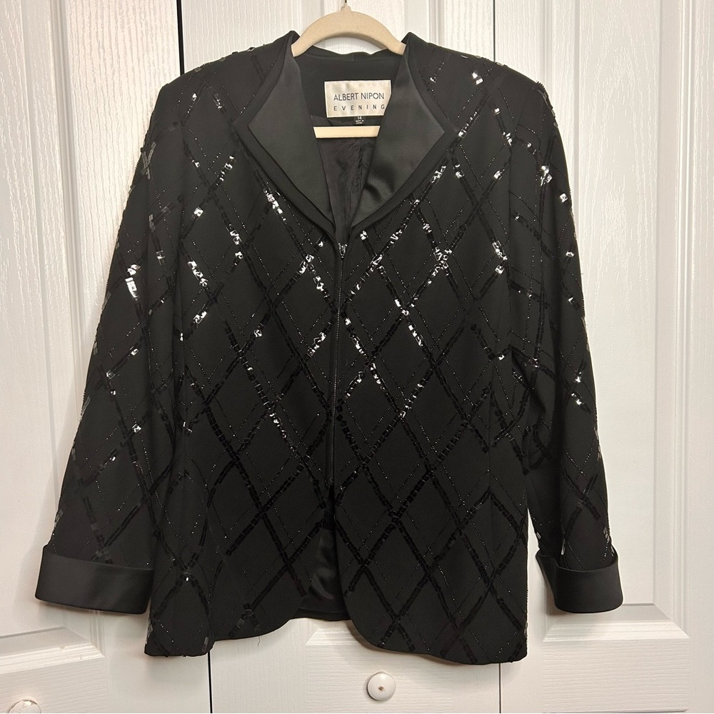 ALBERT NIPON EVENING Women’s Black Sequin Collared Zip Jacket Formal Cruise 14